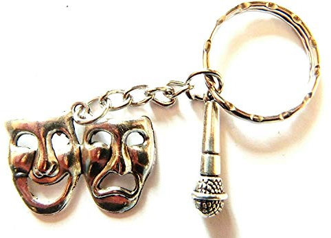 Tibetan Silver Comedy & Tragedy Microphone Keyring Acting Equity Singer Dancer in a Velvet Gift Bag Musician Actor Comedian Director Gift