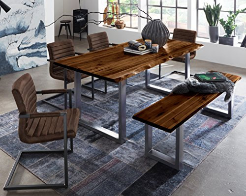 SAM 6 TLG. Essgruppe Quintus, Baumkantentisch 200x100 cm & -Bank 200x42 cm, Akazie-Holz nussbaumfarben, Gestell Silber, 4X Schwingstuhl Parzivo Wildleder-Optik