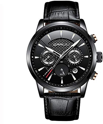 CRRJU Uhr Herren Schwarz Lederarmband Armbanduhr Chronographen Herrenuhr | Datumsanzeige, Quarz Uhren, Wasserdichte, Business Sport, Stoppuhr, Alltag Büro, Geschenk für Männer, Studentenuhr