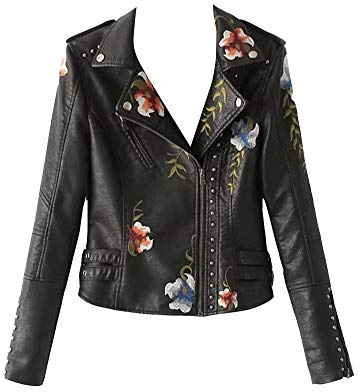 GuoCu Dam Kort PU Läderjacka Biker Coat med Blommor Broderi