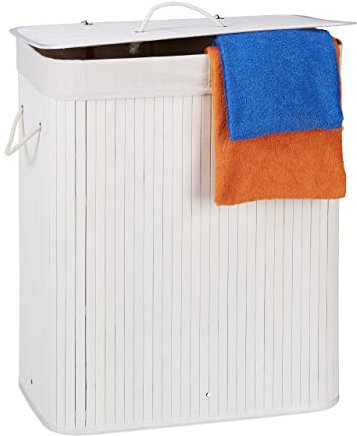 Relaxdays Wäschekorb Bambus mit Deckel, rechteckiger Wäschesammler, 2 Fächer, 95 l Volumen, faltbare Wäschebox, weiß