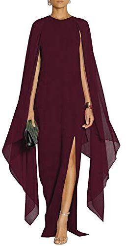 MAYFASEY Women's Elegant High Split Flare Sleeve Formal Evening Gowns Maxi Dress with Cape, Wine Red, L