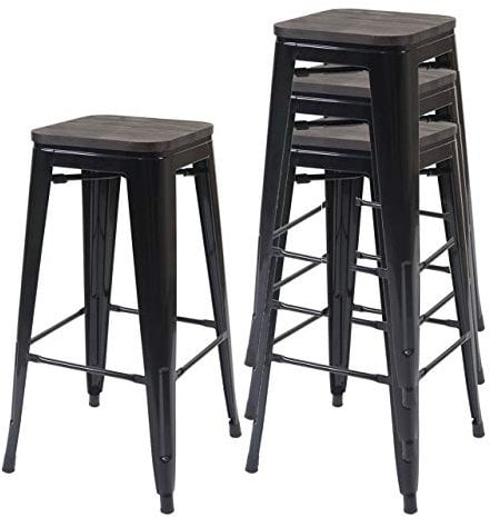 Mendler 4er-Set Barhocker HWC-A73 inkl. Holz-Sitzfläche, Barstuhl Tresenhocker, Metall Industriedesign stapelbar - schwarz