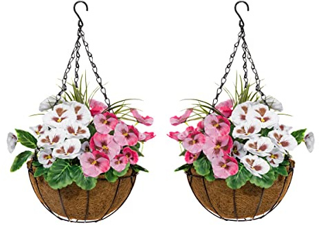 GreenBrokers A1158 2x Artificial Coco Coir Hanging Baskets with Pink & White Pansies and Decorative Grasses (Set of 2)