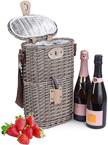 Wrenbury Porte-bouteilles en osier pour bouteilles de vin – Sac isotherme pour 2 bouteilles – Panier à vin de pique-nique – Sac isotherme pour bouteille de vin