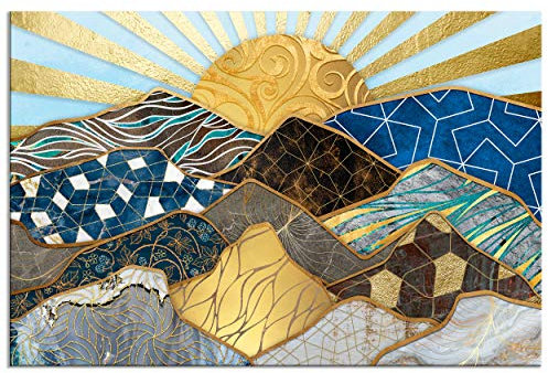 decomonkey - Impression sur Toile Abstrait Soleil 60x40 1 Pièce - Tableau Décoration Appartement Déco Salon Peinture sur Toile Abstraction montagnes paysage mosaïque ornements soleil texture doré