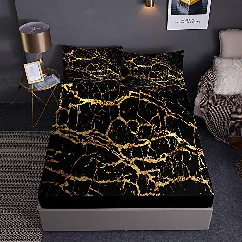 Chickw1 Marmor Drucken Spannbetttuch für Boxspringbett, Rutschfestem Spannbettlaken mit 2 Kissenbezüges - Mikrofaser Matratzenschoner bis 30cm Hohe (Golden,180x200x30cm)
