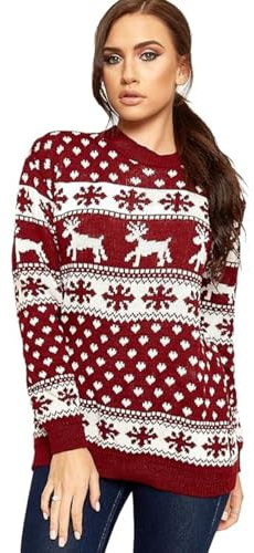 STAR FASHION Women/Ladies Men Unisex Christmas Jumper Knitted Xmas Sweater-Snowfalke Wine-12-14