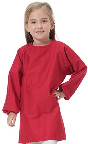 Baumwolle Malkittel Kinder, Taschenschürze mit Langen Ärmeln, abwaschbar Kinderschürze, Bastelkittel für Kinder, Kunstkittel für Malen Kochen Backen (Medium,Rot)