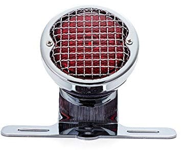 Alchemy Parts Custom Vintage Motorcycle LED Stop/Tail Rear Brake Light with Retro Mesh Grill and License Plate Mount Holder | Ideal for Cafe Racers, Choppers, and Custom Bikes | 12V LED (Chrome)