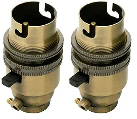 2 Pack | Antique Brass 1/2 (13mm) Entry Switched Lampholder with Shade Ring | Bayonet Cap BC B22 Fitment | High Grade Brass Metal | UK Approved