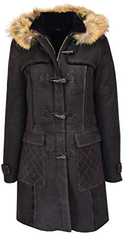 House of Leather Damen Echt Schaffell Mantel 3/4 Länge Duffle Mit Kapuze Parka Beth Braun 44