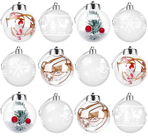 ilauke Runde Transparente Deko Weihnachtskugeln 12er Pack,Durchsichtige Mit Dekoration Gefüllte Plastik Kunststoff für Festtagsdeko,Hochzeiten,Weihnachtsbaum Kugeln zum Aufhängen - Ø6 cm