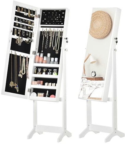 HOMCOM Full Length Mirror with Storage, Jewellery Cabinet with Mirror, Adjustable Angle and Stand, Lockable Jewellery Organiser for Bedroom Dressing Room, White