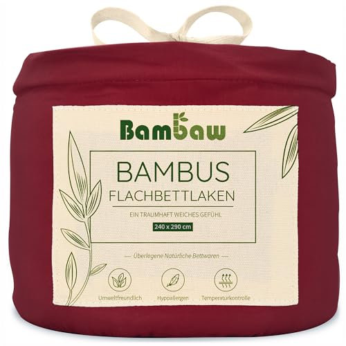 Bambaw Bambus Betttuch ohne Gummizug 240x290 cm, weiche und kühlende Bettwäsche, atmungsaktive Bettwäsche Anti Schwitzen, Glatte Bettlaken ohne Gummizug, 100% Bambus Bettlaken (Burgunderrot)