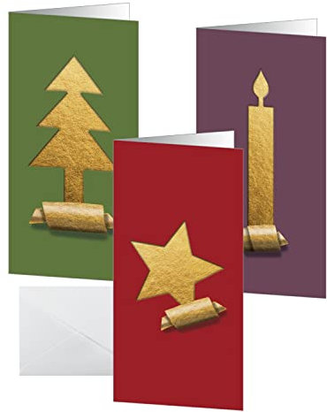 SIGEL DS080 Weihnachts-Karten Set mit Umschlag, DIN lang, 3 verschiedene Motive, 10 Stück, Cut-out style, ideal zum Bedrucken, aus nachhaltigem Papier