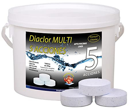 Cloro para Piscinas DIACLOR Multi 5 ACCIONES 3 KG - Envasado Individual - 15 Pastillas de Cloro Lento (200 gr- 7,5 cm Diámetro) - Tratamiento Completo 5 Efectos - SIN Cobre - DIASA