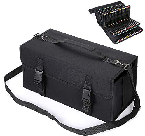 IGNPION 170 Trous Trousse de marqueurs/Crayons de Couleurs/feutres Sac de surligneur Sacoche avec lanière Grande capacité (Noir)