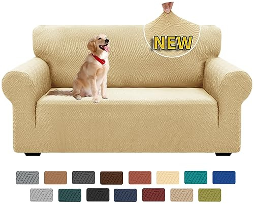 XINEAGE Sofabezug 2 Sitzer, High Stretch Sofaüberwurf für Wohnzimmer, Moderne Sofaüberzug, Jacquard Sofa überzug für Hunde, Haustiere, Rutschfester Sofa Cover (2 Sitzer, Beige)