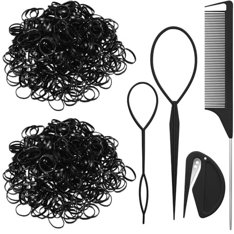 aurorayer 2000 Stück Schwarz Klein Haargummis Mini Elastisch Haar Band mit Zubehör: Haarschwanz-Werkzeuge, Stielkamm für Mädchen Dame Puppe Haarstyling