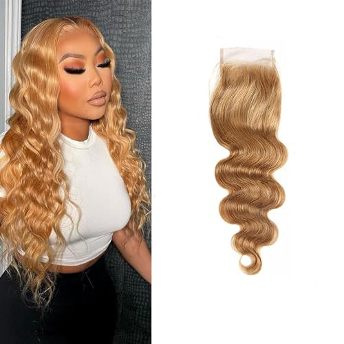 Volvetwig 4x4#27 Transparent Lace Closure Echte Haare 100% Unprocessed Body Wave Honey Blonde 130% Dichte Pre Plucked Brazilian Baby Menschenhaar 14 Zoll