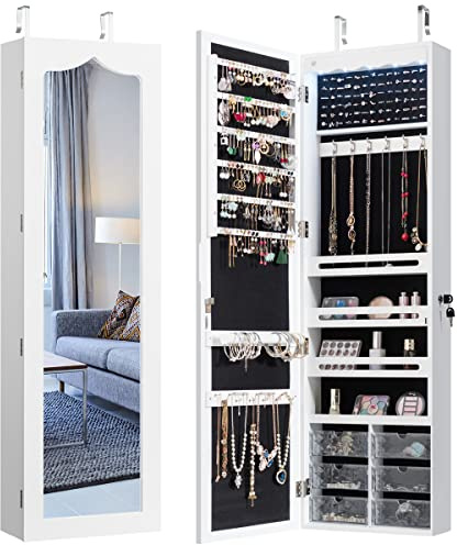 RELAX4LIFE Armoire à Bijoux Murale avec Miroir, 5 Lumières Automatiques, Miroir Rangement Bijoux avec 6 Tiroirs pour Boucles d'Oreilles Colliers Cosmétiques (Blanc | Tiroir en Acrylique)