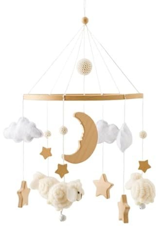 Tiere Mobile Baby Windspiele, Stern Mond Lamm Mobile Baby Holz mit Filzbällen, Mobile Baby Mädchen Bettglocke Anhänger für Babybett Jungen und Mädchen (Weiß)