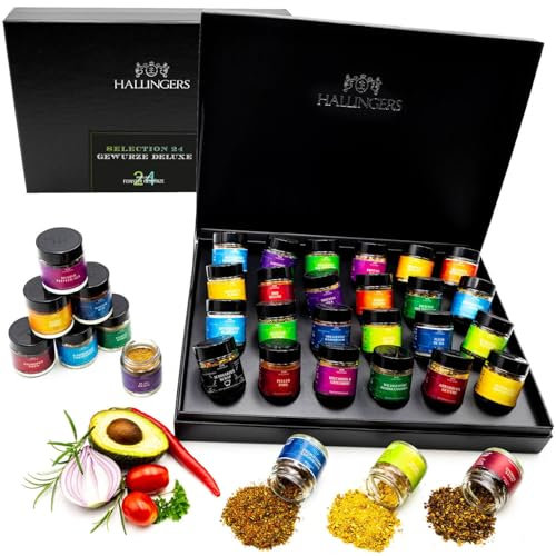 Hallingers Gewürze Deluxe Selektion 24 - No. 2 - Gewürz Geschenkset handmade, 24 Gewürze aus aller Welt (Set) - Geschenk im Sommer & als perfektes Grillgeschenk | Neues Zuhause Glückwünsche Freundscha