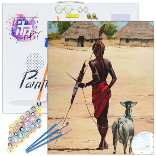 ITA Art Malen nach Zahlen Komplett Set mit Keilrahmen, Acrylfarben, Pinseln, Zubehör, Geschenkbox - DIY Gemälde Bastelset Kit mit Leinwand für Erwachsene, 40x50 cm, Afrika 2