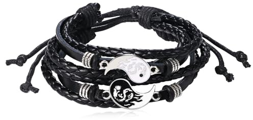Cupimatch Pärchen Leder Armbänder Yin Yang Unendlichkeitssymbol Kordelkette Damen Herren Lieben Lederarmband Armreif Daoismus Tai Chi Anhänger für verliebte Partner Braun Schwarz
