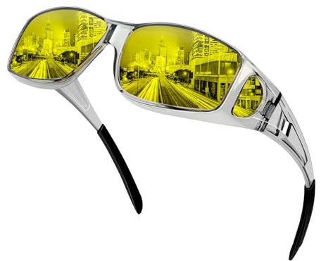KANASTAL Grey Night Driving Glasses Anti Glare for Mens Astigmatism Headlight Glasses Womens Yellow Anti Dazzle Nighttime Rectangular Curved Fit Over Night Driving - Grey Yellow Lens