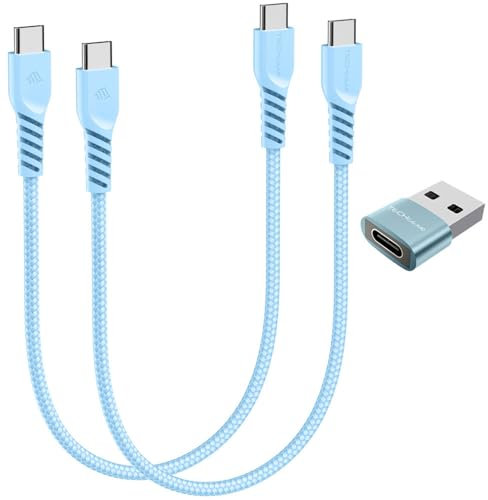 TECHGEAR Câble USB C vers USB C 60 W (Lot de 3) 30cm+30cm+adaptateur, Câble tressé de Type C vers C Charge Rapide Compatible avec iPhone 15, iPad Pro, MacBook, Samsung S24/S23/A14/A15/A25/A55, etc.