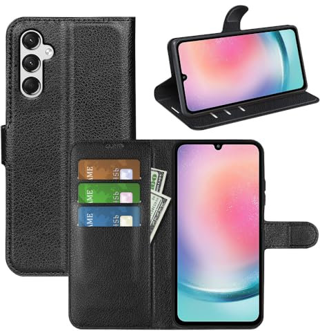 BOCTECH Funda para Samsung Galaxy A25 5G, Carcasa con Tapa Flip Case Libro de Cuero PU Piel y Silicona Suave Cartera Cover Antigolpes con Cierre Magnético, Ranura para Tarjeta y Soporte, Negro