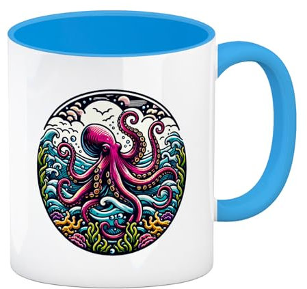 Oktopus Kaffeebecher in hellblau Schön Maritim Krake Kaffeetasse Ozean Tasse Motiv Meerestier Unterwasserwelt Meereslebewesen Design