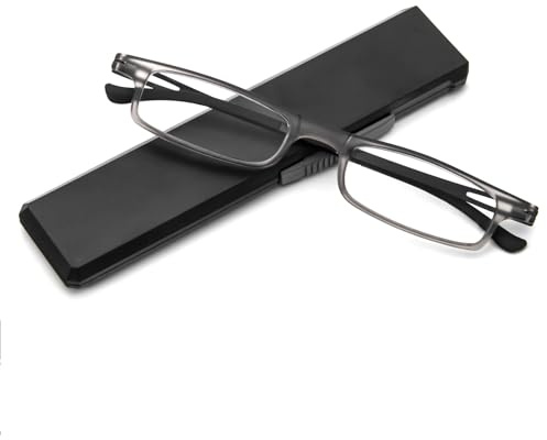 KoKoBin Kompakte Lesebrille mit Blaulicht- und UV-Schutz, ultradünne und ultrafeine TR90-Lesebrillen mit tragbarem, flachem Brillenetui, für Männer und Frauen (Grau, 2, Dioptrien)
