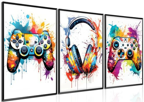 Gaming Room Decor Wall Art Set of 3, Video Gaming Theme Decor Gamer Room Gamepad Graffiti Posters Pictures Wall Art, Gaming Canvas Painting Prints for Teen Boys Room Decor 12x16in Unframed