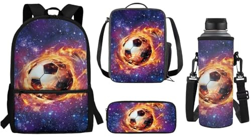 Renewold Sac à dos isotherme pour enfants, sac à déjeuner, stylo, trousse à crayons, pochette pour bouteille d'eau, 4 en 1, fournitures de rentrée scolaire, Soccer Flame Galaxie Espace, Taille unique,