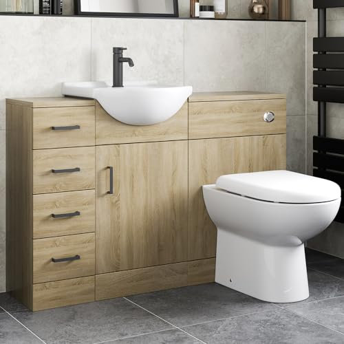 Affine® 1165mm Toilet Vanity Unit Reversible Combination Bathroom Suite Furniture Set, Freestanding Drawer Cabinet, Wash Basin Sink, WC Pan, Seat & Concealed Cistern, Oak Effect