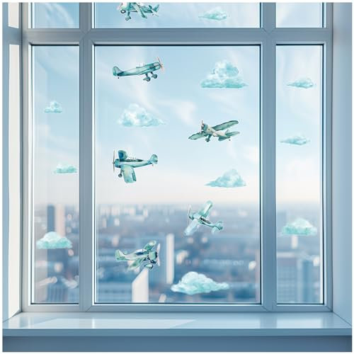 Yabaduu Fensterbilder 3x DIN A4 Bögen Fensterfolie Sticker für Kinder Badezimmer Kinderzimmer Wohnzimmer Aufkleber Fensteraufkleber wasserfest Y076 (20 Flugzeuge)
