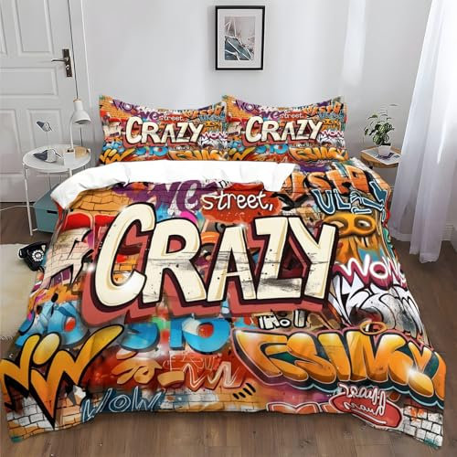 Bettwäsche-Sets 135x200cm Graffiti-Kunst Street-Hip-Hop-Stil Bettwäsche 3 Teilig, Weich Atmungsaktiv Polyester-Baumwolle Bettbezug Set mit Reißverschluss, 2 Kissenbezüge 80x80 cm