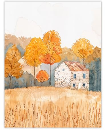 Artery8 Autumn Forest Trees by Wheat Farm Stone House Living Room Unframed Wall Art Print Poster Home Decor Premium