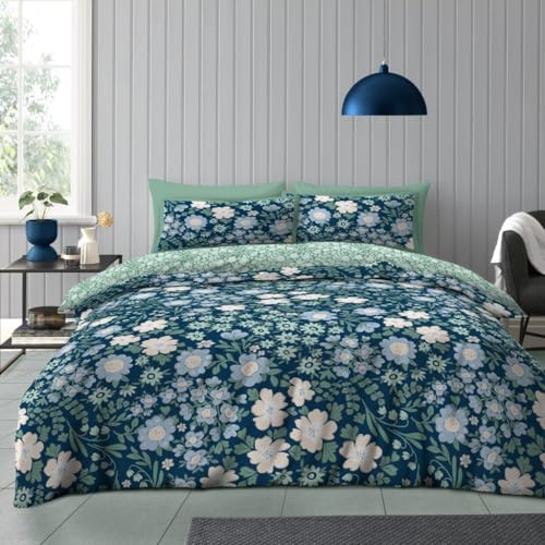 Super Dreamer Flower Duvet Cover Set - Reversible Complete Bedding Double Bed Set With Pillowcase & Fitted Sheet - Soft Polycotton Leaf Comforter Cover - Washable