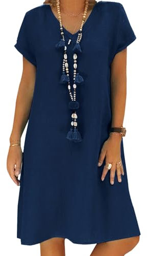 Tincini Women's Dress Summer Linen Dresses Casual V Neck Midi Dress Short Sleeve A-line Dress Sundress Tunic Dress Without Accessories (A Marine, L)