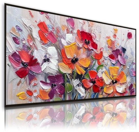 DekoArte - Quadro Dipinto a Mano Natura 140x70 cm ESPLOSIONE FLOREALE - Quadri Moderni a Olio con Cornice Color Nero