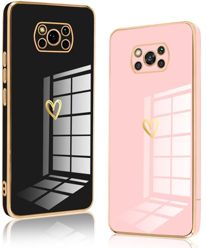 Vauki 2 Stück für Xiaomi Poco X3 NFC/X3/X3 Pro Hülle, Weich TPU Silikon Handyhülle Herz Motiv Schutzhülle Kameraschutz Stoßfest Bumper Case Jungen und Mädchen Cute Cover, Schwarz & Rosa