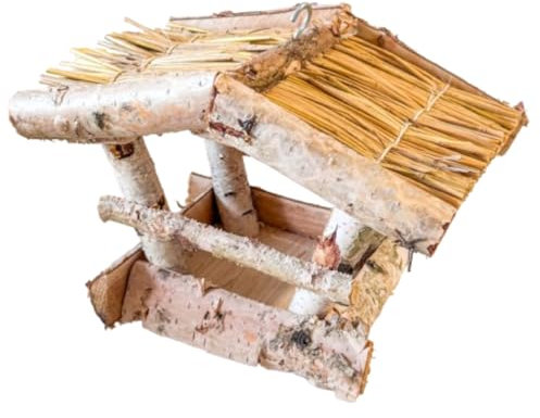 pokm toolsmarket - Vogelhaus 100% Öko, Vogel Futterhaus zum Aufhängen/Aufstellen, Vogelfutterhaus aus Birkenholz mit Strohdach, Futterhaus Futterstation Balkon Garten, Hergestellt in EU