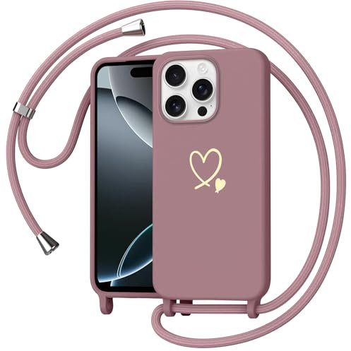 Yichxu Coque pour iPhone 16 Pro avec Cordon, Souple Silicone Liquide Housse avec Collier, Réglable Lanyard Case, Motif Coeur d'amour Antichoc Etui Protection Cover pour iPhone 16 Pro, Rose