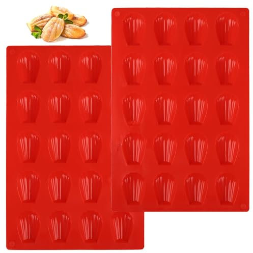 YUNXCNA 2 Stück Silikon Madeleines Backformen, 20 Hohlräume Silikon Backform für Madeleine, Wiederverwendbar Madeleines Backformen, Madeleena Form für Kuchen, Schokolade, Gelee, Mini Kuchen (Rot)