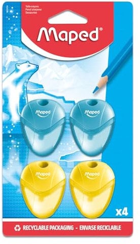 Maped - Lot de 4 Taille-Crayons Igloo - 1 Trou avec Réservoir Transparent - Fourniture Scolaire Pour Enfants - Ergonomique et Compact - 2 Bleus & 2 Jaunes