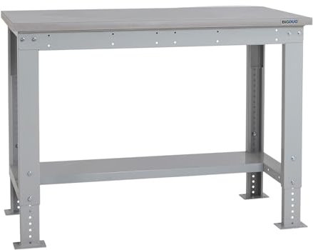 BiGDUG Height Adjustable Workbench - Heavy Duty Workshop Table - 877H x 1215W x 600D mm - Laminate Worktop Half Depth Lower Shelf